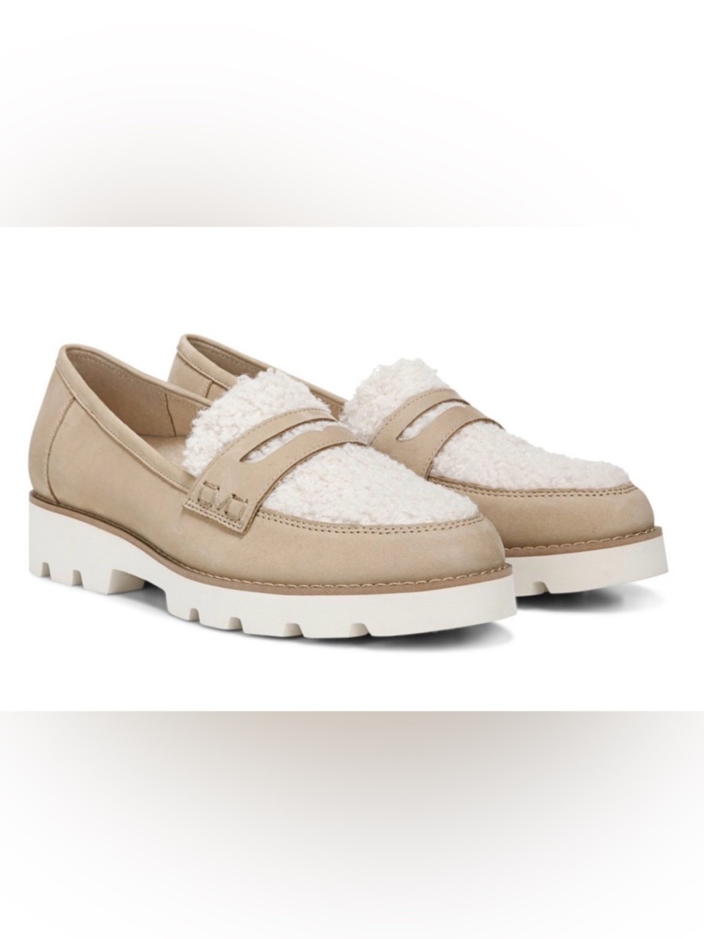 Vionic Cheryl Suede Nubuck Loafers Women 9.5 Tan Faux Fur Comfort Orthotic Prepp